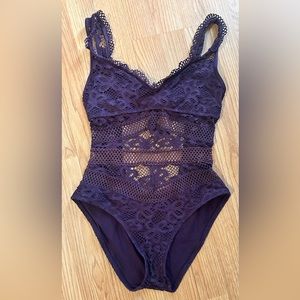 BECCA by Rebecca Virtue one-pc swimsuit. Crochet details. Merlot color. Sz Med.